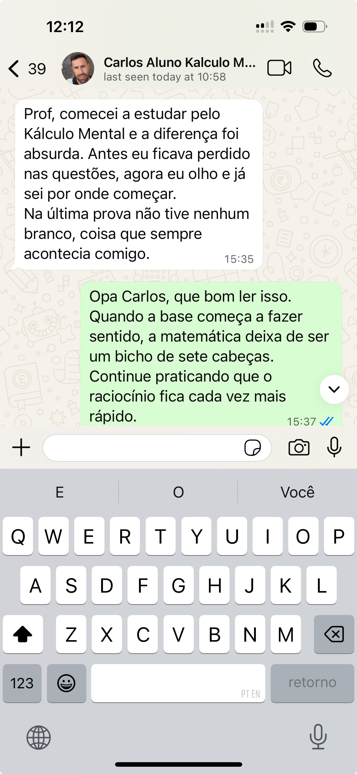 Depoimento de Carlos, aluno do Kálculo Mental, sobre não deixar mais nenhuma questão de matemática em branco na prova