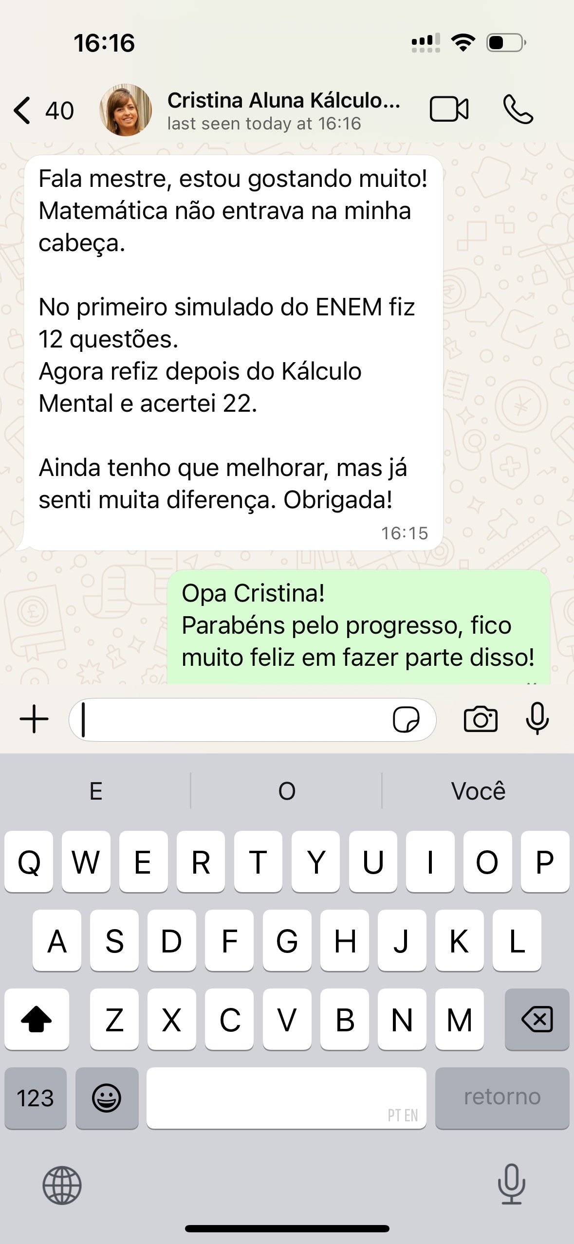 Depoimento de Cristina, aluna do Kálculo Mental, sobre ir de 12 para 22 acertos em simulado do ENEM