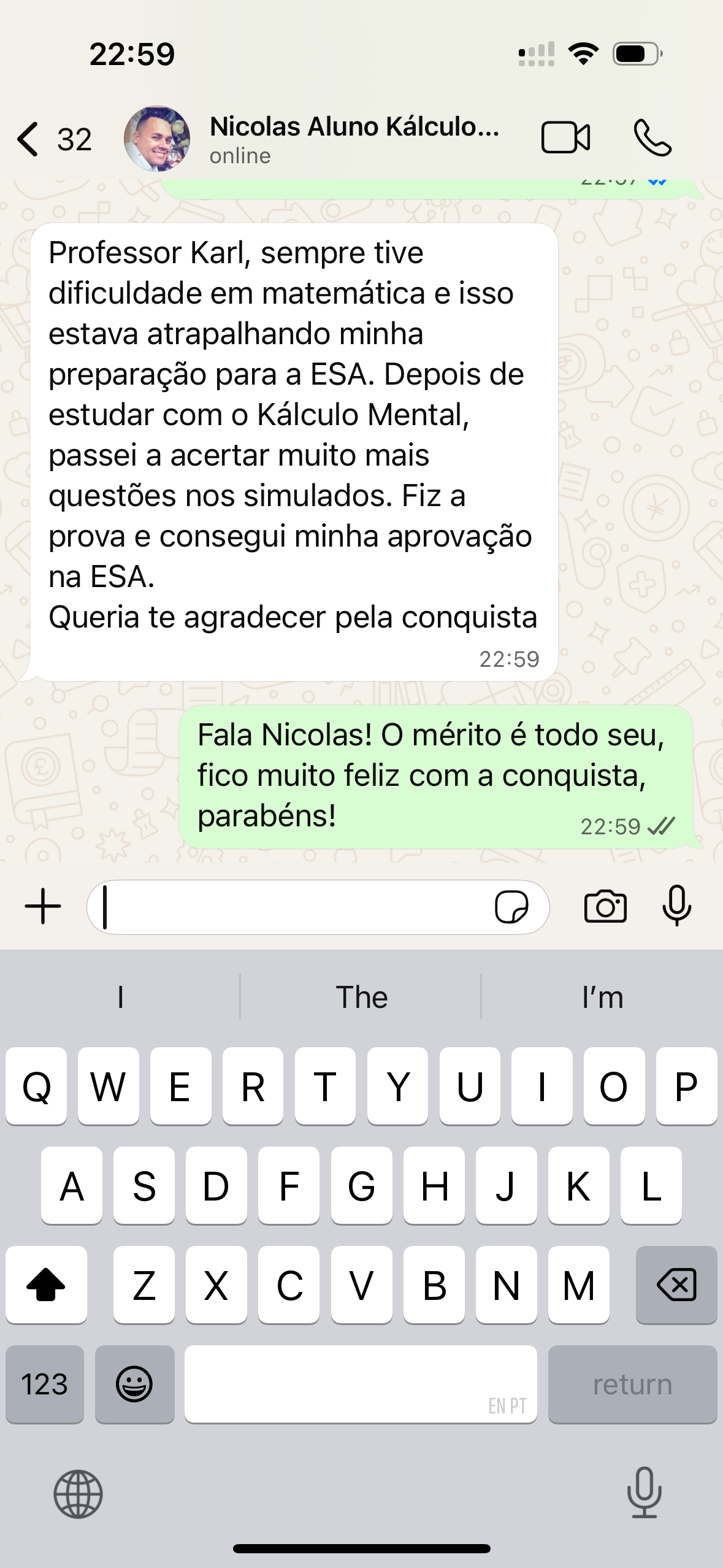 Depoimento de Nicolas, aluno do Kálculo Mental, sobre aprovação na ESA