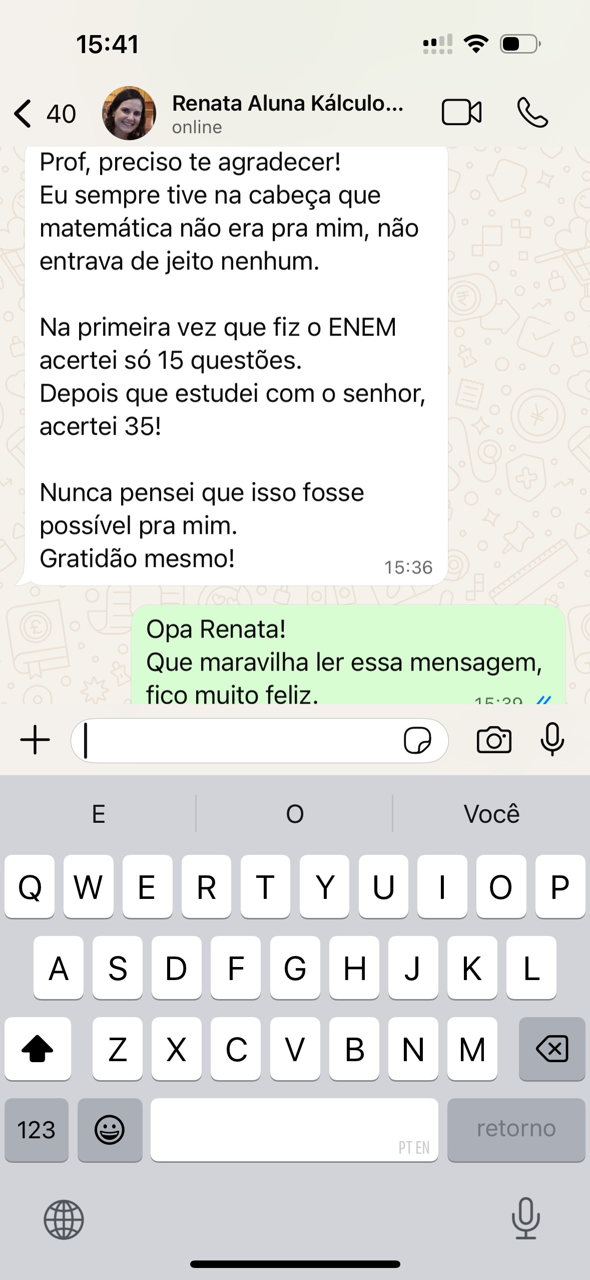 Depoimento de Renata, aluna do Kálculo Mental, sobre ir de 15 para 35 acertos no ENEM