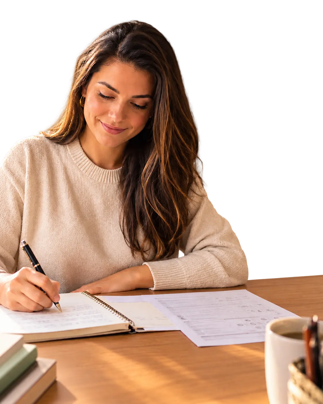Adulta estudando em casa com confiança, calculando de cabeça